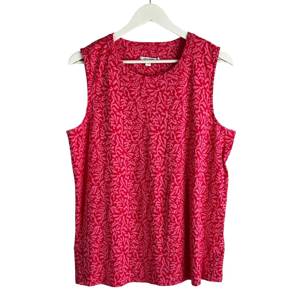 CHICO'S WOMENS SIZE 3 XLARGE RED PINK ABSTRACT LEAF PRINT CASUAL SLEEVELESS TANK